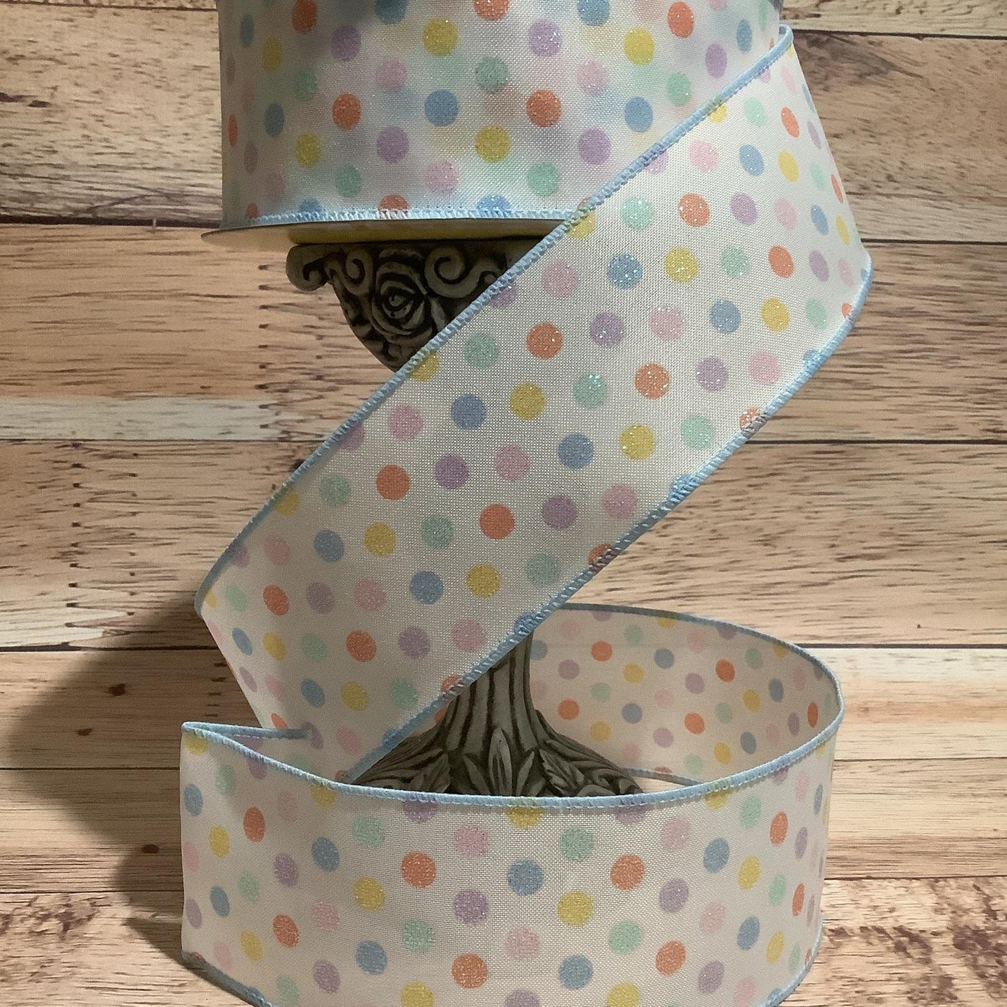 2.5" x 5 Yards Polka Dot Ribbon - Pastel Colored Dots  With Irridescent Glitter- Spring Ribbon - Easter Ribbon - Wired Ribbon