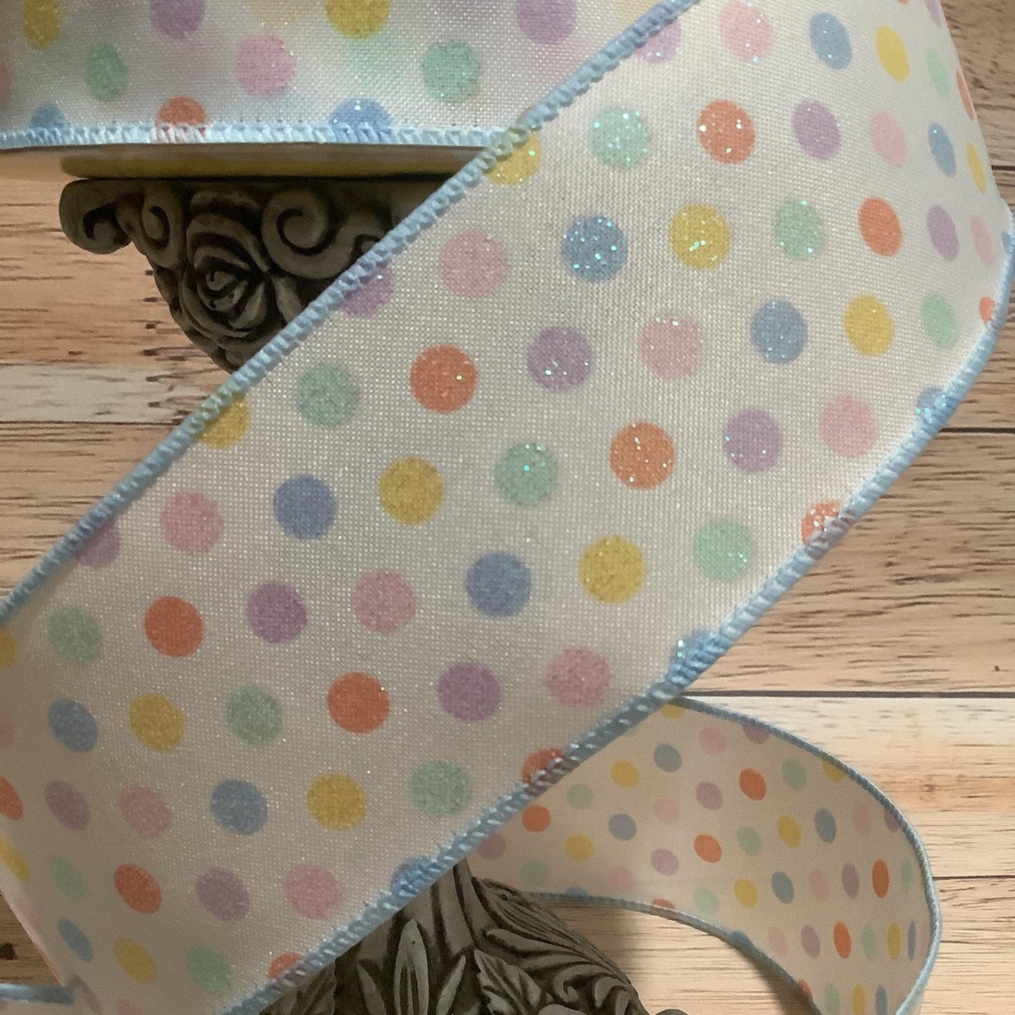 2.5" x 5 Yards Polka Dot Ribbon - Pastel Colored Dots  With Irridescent Glitter- Spring Ribbon - Easter Ribbon - Wired Ribbon