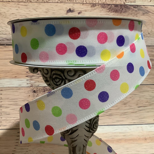 1.5" x 5 Yards Polka Dot Ribbon-Multi Colored Polka Dots-Wired Ribbon-Birthday Ribbon-All Occasion -Ribbon For Bows, Wreaths And Home Decor