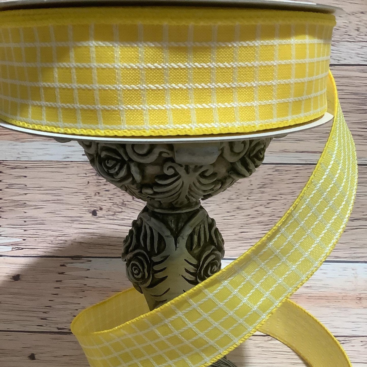 1.5" x 5 Yards Yellow With White Stitched Checks Ribbon - Spring Ribbon - Easter Ribbon - All Occasion Ribbon - Summer Ribbon