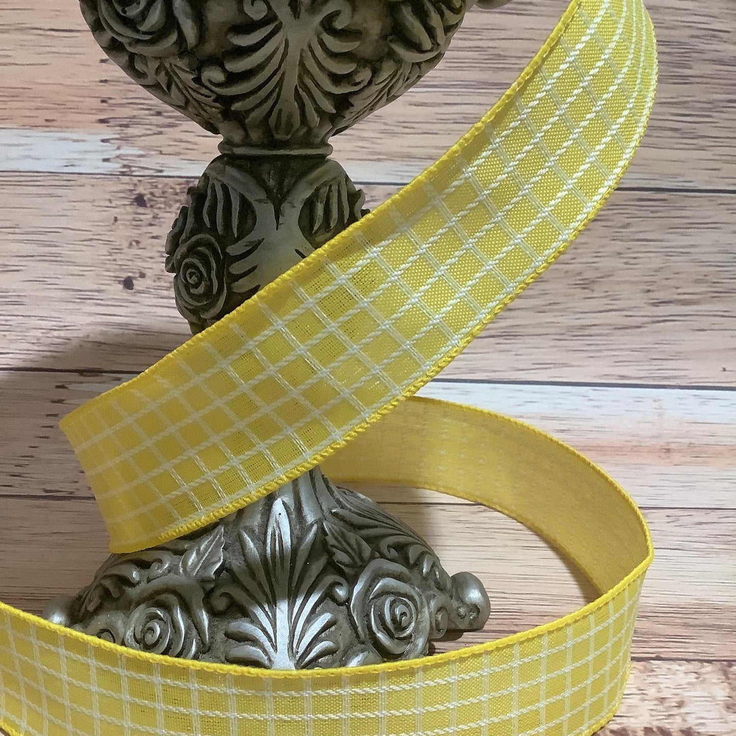 1.5" x 5 Yards Yellow With White Stitched Checks Ribbon - Spring Ribbon - Easter Ribbon - All Occasion Ribbon - Summer Ribbon