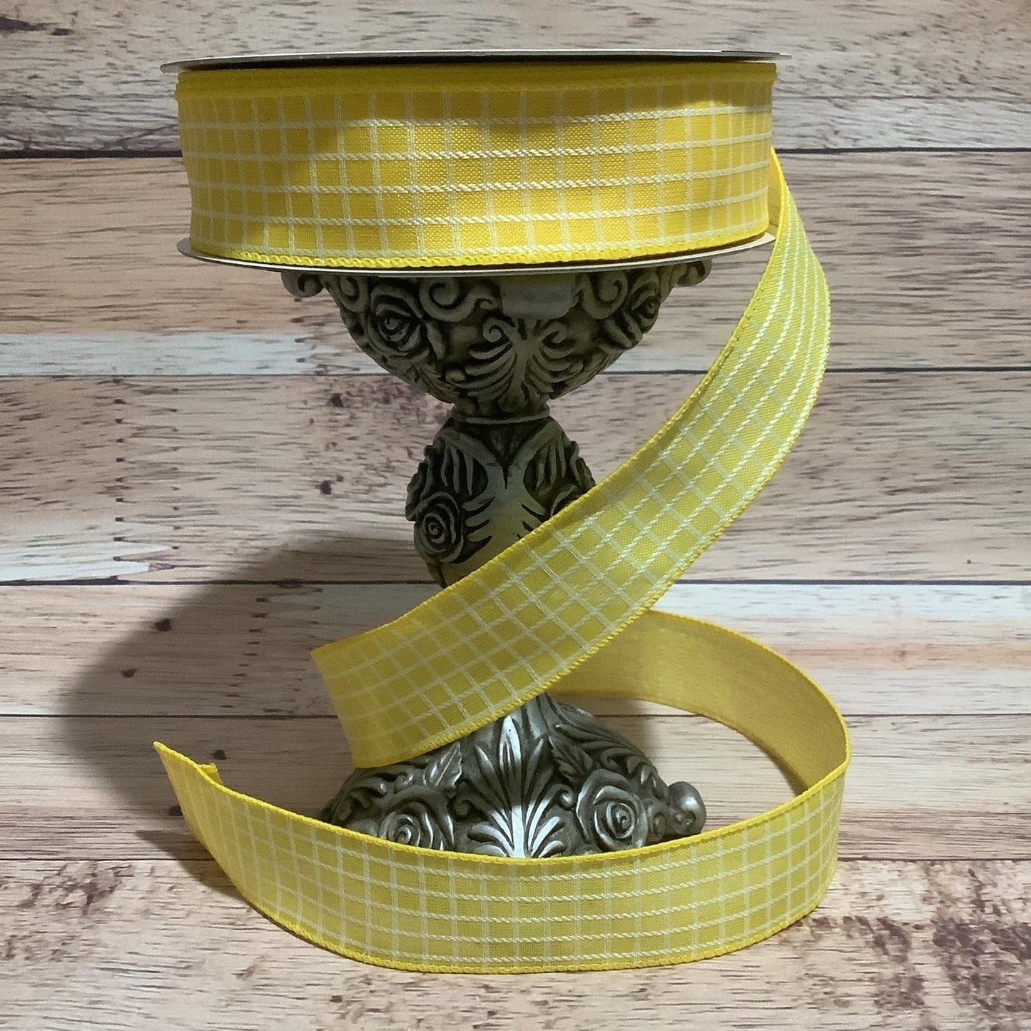 1.5" x 5 Yards Yellow With White Stitched Checks Ribbon - Spring Ribbon - Easter Ribbon - All Occasion Ribbon - Summer Ribbon