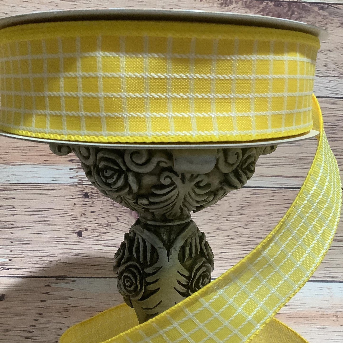 1.5" x 5 Yards Yellow With White Stitched Checks Ribbon - Spring Ribbon - Easter Ribbon - All Occasion Ribbon - Summer Ribbon