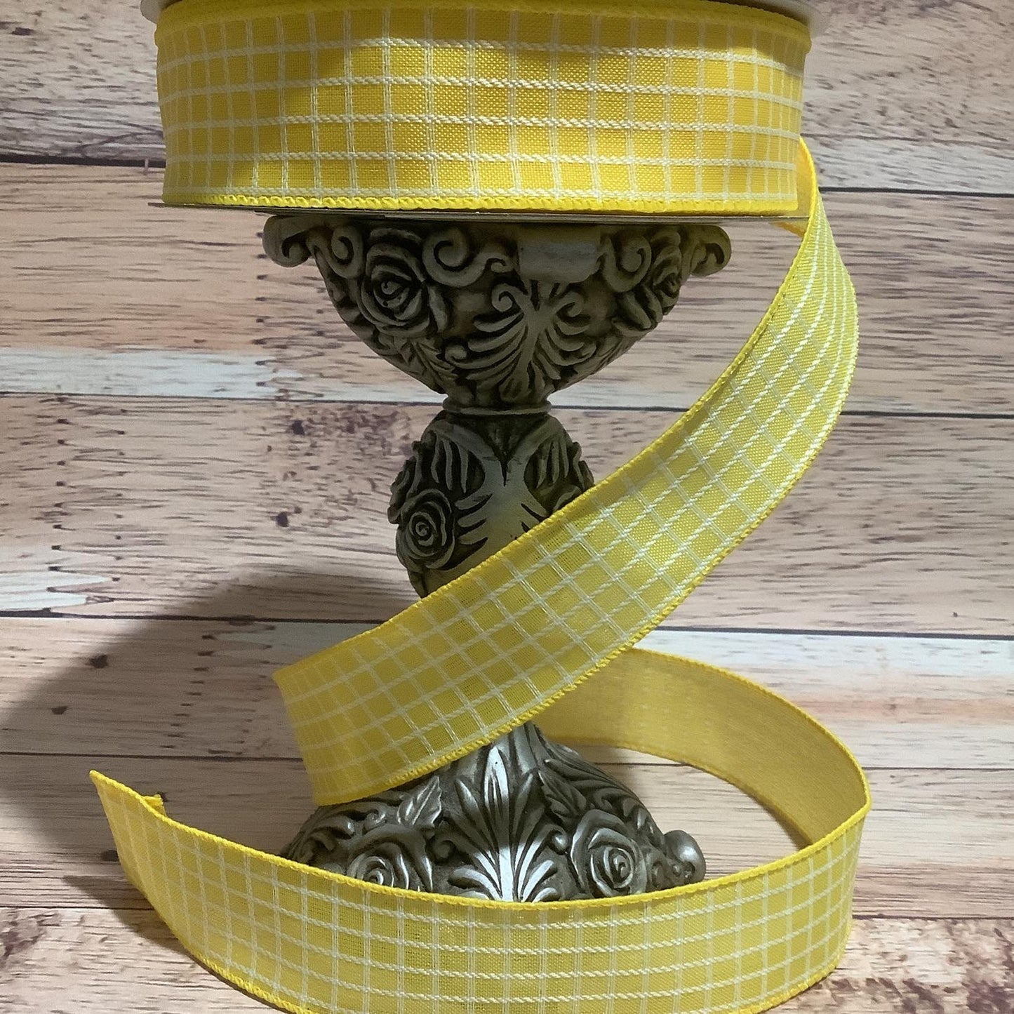 1.5" x 5 Yards Yellow With White Stitched Checks Ribbon - Spring Ribbon - Easter Ribbon - All Occasion Ribbon - Summer Ribbon