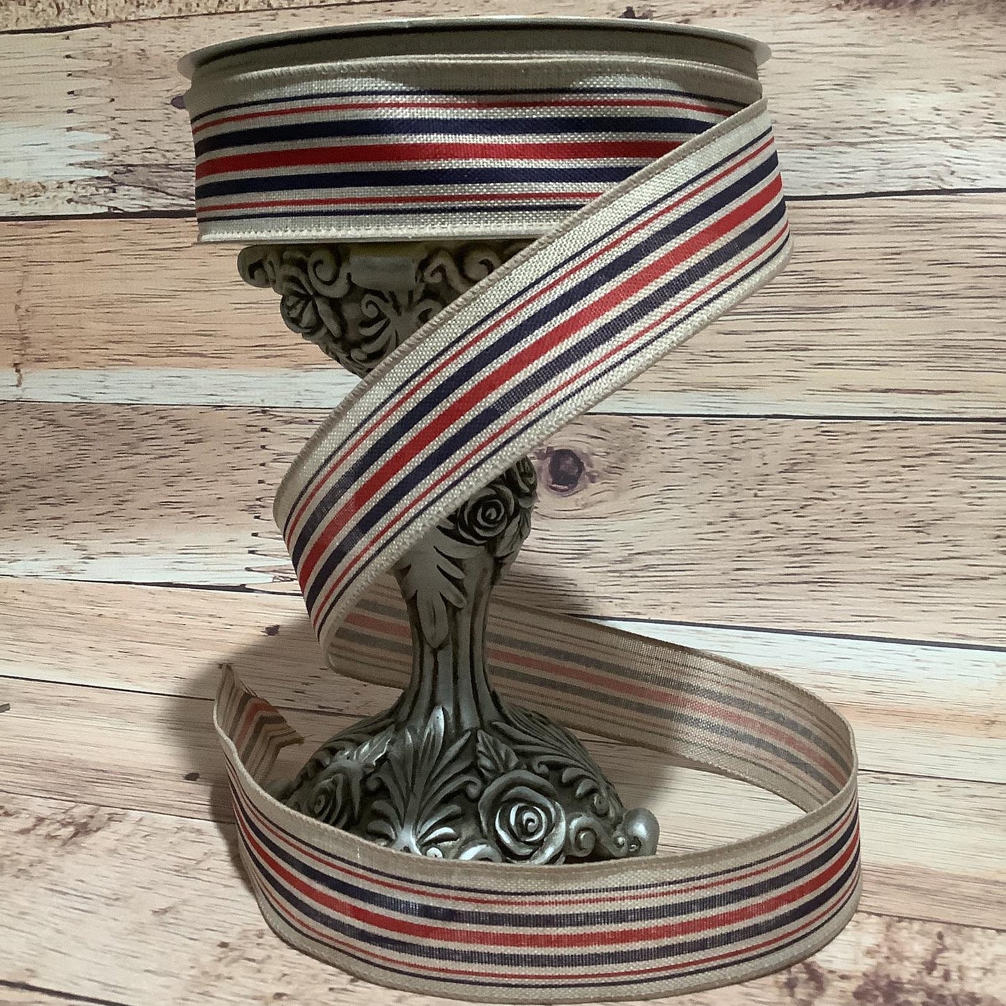 1.5" x 5 Yards Patriotic Wired Ribbon - Red And Navy Blue Horizontal Stripe On Tan - Ribbon For Bows, Wreaths And Home Decor