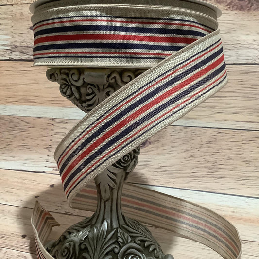 1.5" x 5 Yards Patriotic Wired Ribbon - Red And Navy Blue Horizontal Stripe On Tan - Ribbon For Bows, Wreaths And Home Decor