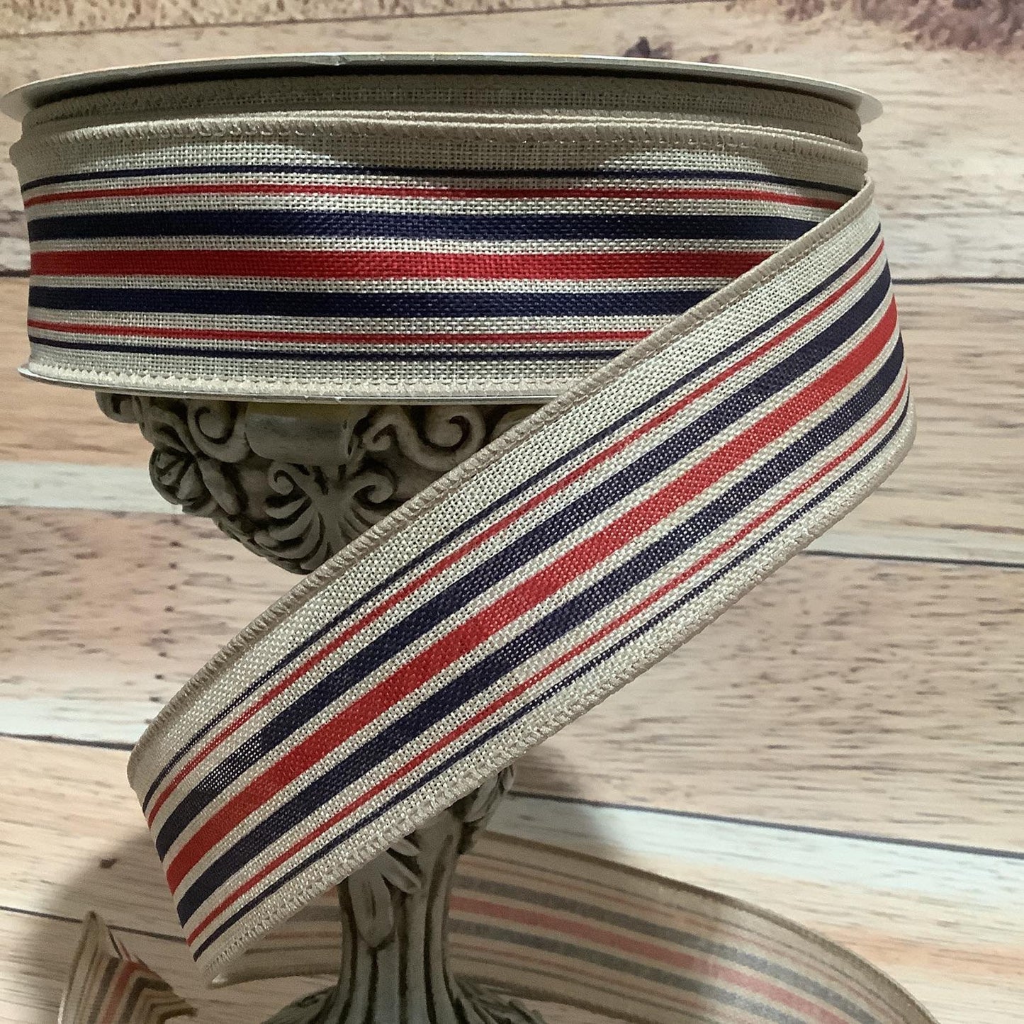 1.5" x 5 Yards Patriotic Wired Ribbon - Red And Navy Blue Horizontal Stripe On Tan - Ribbon For Bows, Wreaths And Home Decor