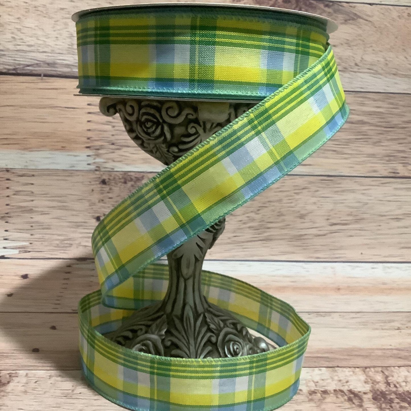 1.5" x 5 Yards Yellow And Blue Plaid Ribbon - Spring Ribbon-Lemon Yellow- Wired Ribbon - Ribbon For Bows, Wreaths And Home Decor