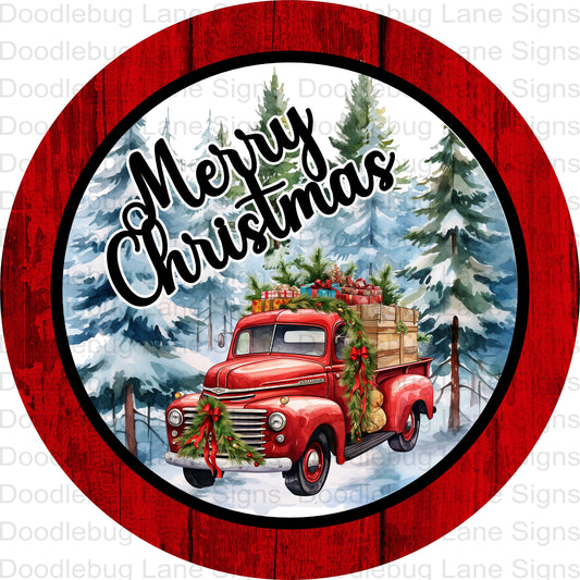 Merry Christmas Wreath Sign - Red Truck - Vintage Truck Sign - Round Wreath Sign - Metal Wreath Sign