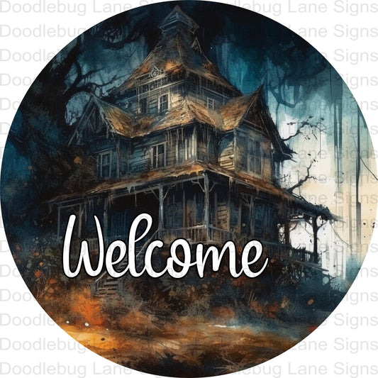 Welcome Wreath Sign - Halloween Sign - Haunted House - Round Wreath Sign - Metal Wreath Sign - Halloween Welcome Wreath Sign