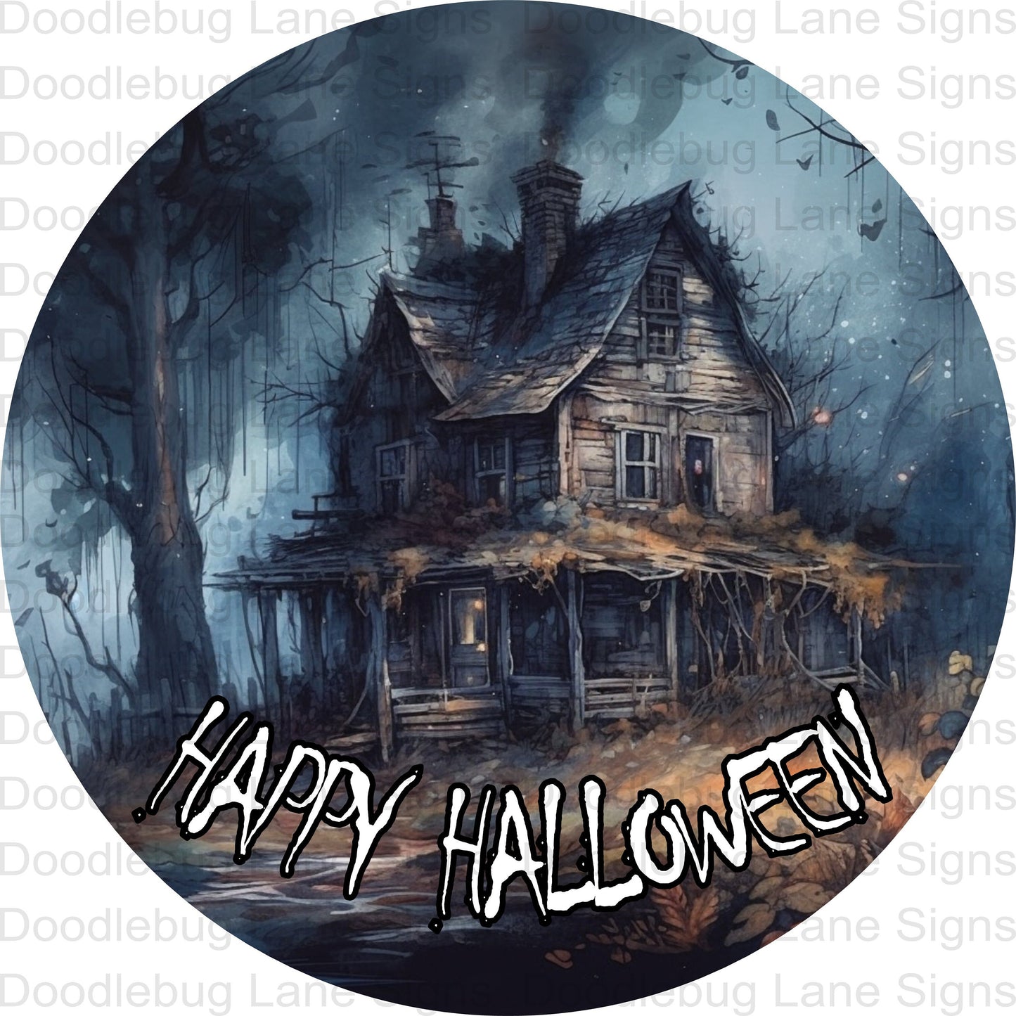 Happy Halloween Wreath Sign - Haunted House Sign - Round Wreath Sign - Metal Wreath Sign - Metal Halloween Door Hanger