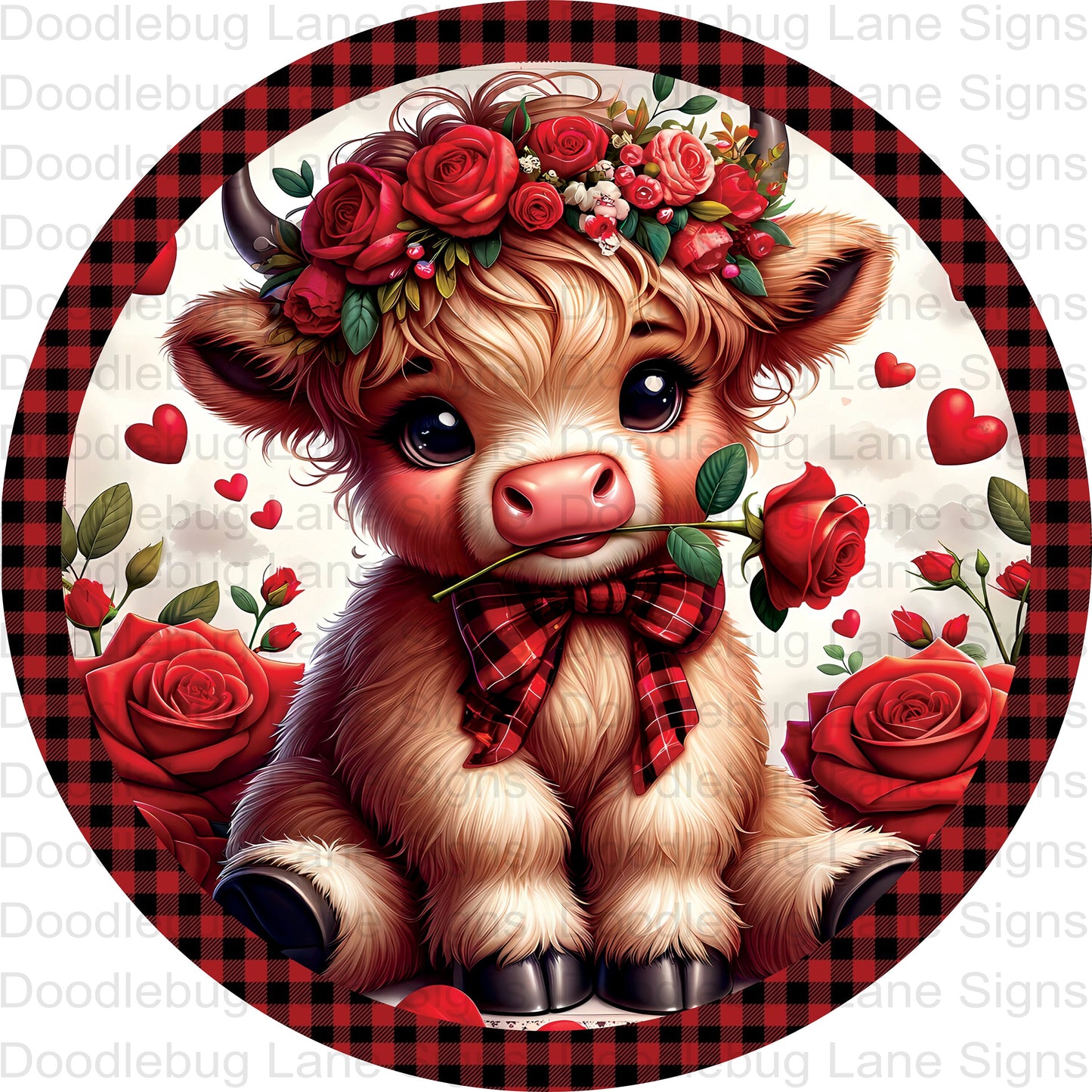 Valentine Wreath Sign - Highland Cow Sign - Red Roses - Red And Black Buffalo Plaid - Round Wreath Sign - Metal Wreath Sign