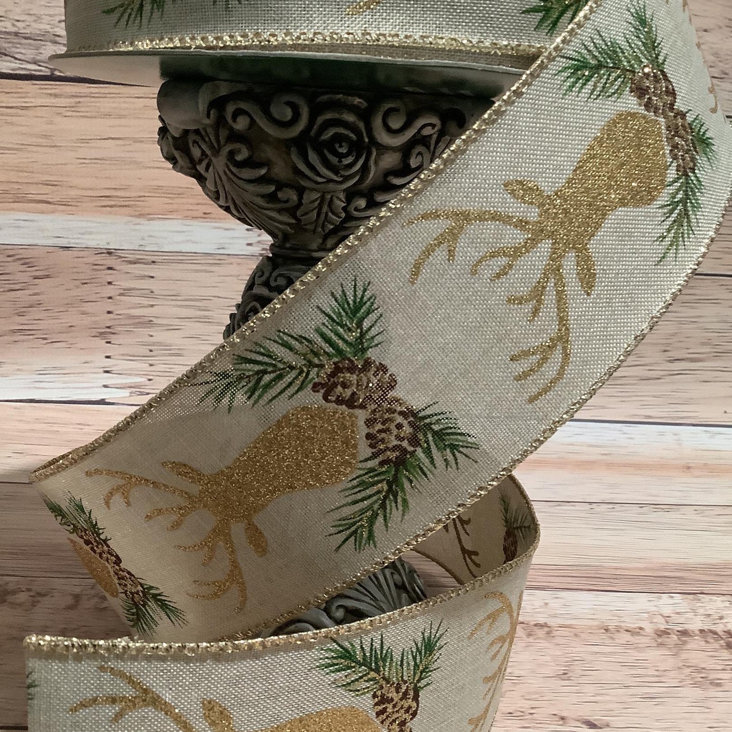 Christmas Wired Ribbon - 2.5" x 5 yards - Deer Ribbon - Gold Glitter-Ribbon By Yard-Ribbon For Bow, Wreaths and Home Decor