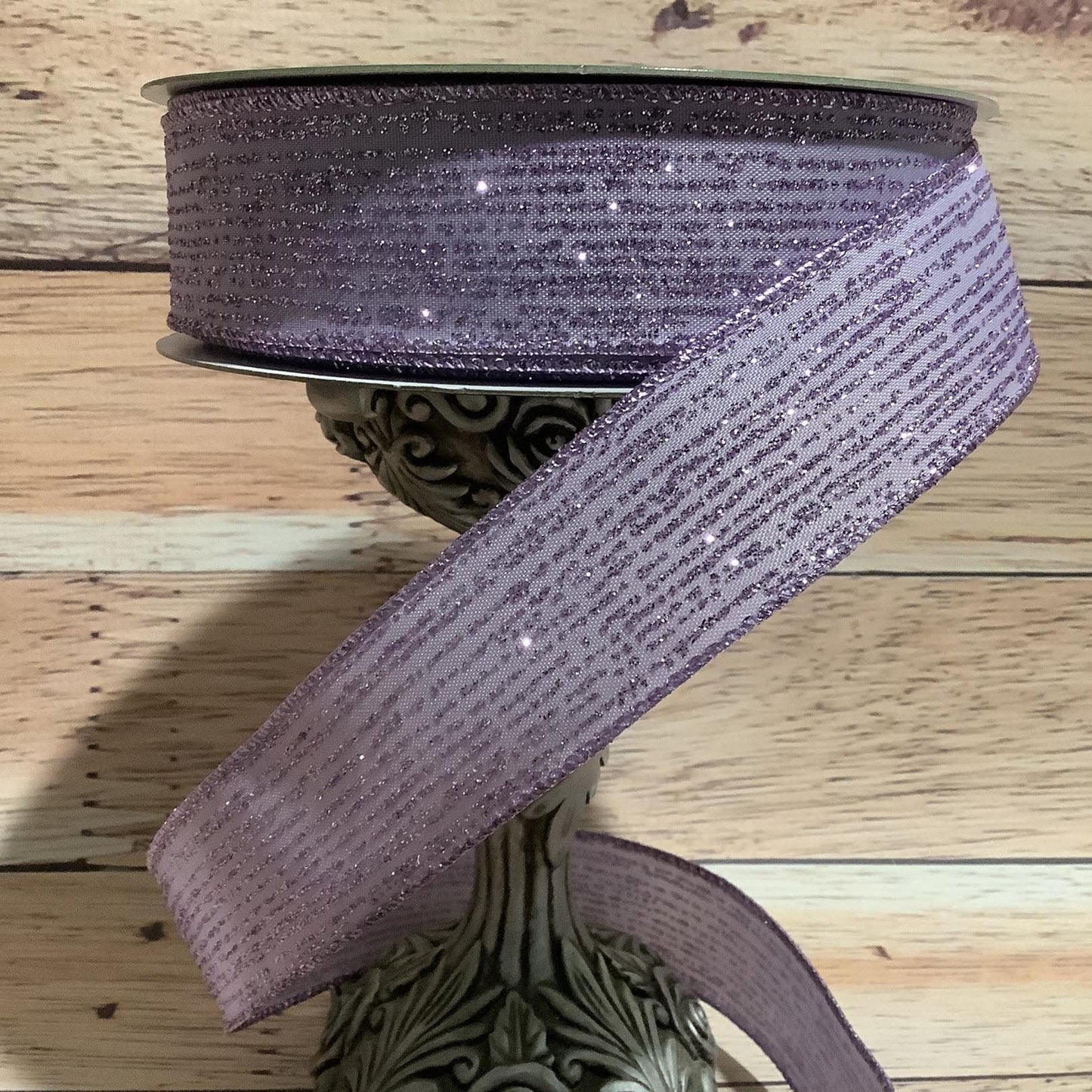 Lavender Wired Ribbon With Horizontal Lavender Glitter Stripes-1.5" x 5 Yards-Ribbon For Bows, Wreaths And Home Decor