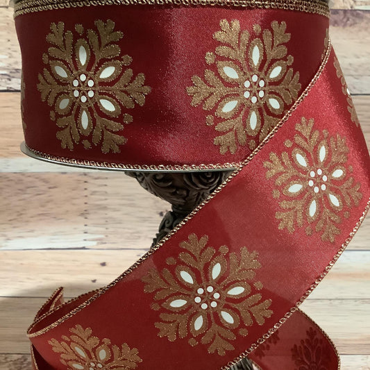 Christmas Wired Ribbon - 2.5" x 5 Yards-Deep Red With Gold And White Snowflakes - Ribbon For Bows, Wreaths And Home Decor