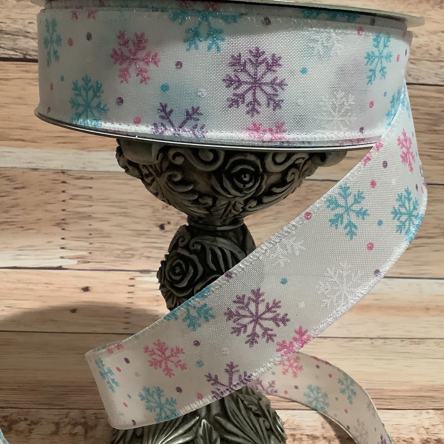 Snowflake Wired Ribbon - Pink-Blue-White And Purple Snowflakes- Irridescent Glitter - 1.5" x 5 Yards Wired Ribbon