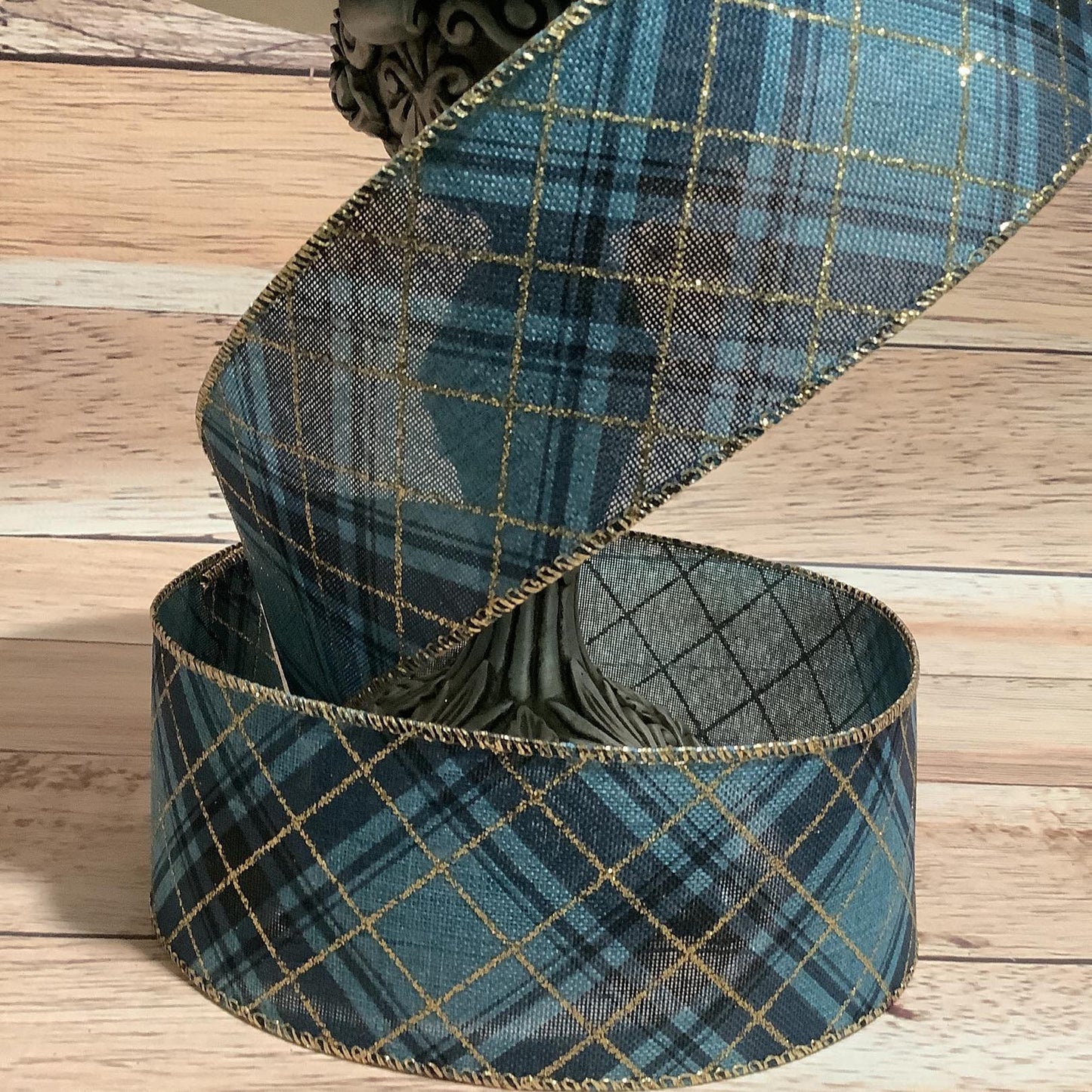 Blue And Gold Plaid ribbon - 2.5" x 5 Yards - Wired Ribbon - Ribbon For Bows, Wreaths And Home Decor