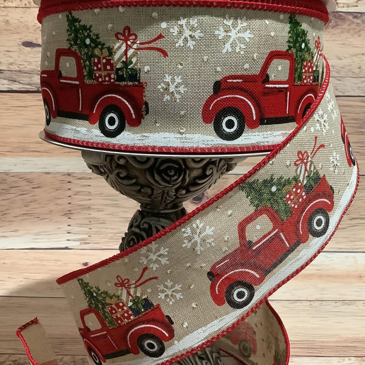 Christmas Truck Ribbon - Red Truck Ribbon - Wired Ribbon - Vintage Truck- 2.5" x 5 Yards- Ribbon For Bows, Wreaths And Home Decor