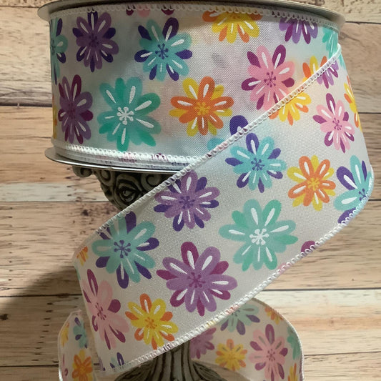 2.5" x 5 Yards Floral Ribbon - Spring Floral - Pastel Colors - Easter Ribbon - Wired Ribbon - Ribbon For Bows, Wreaths And Home Decor