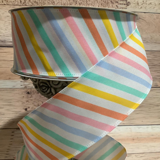 2.5" x 5 yards Pastel Colored Diagonal Striped Ribbon- Wired Ribbon- Easter Ribbon- Spring Ribbon - Ribbon For Bows, Wreaths And Home Decor