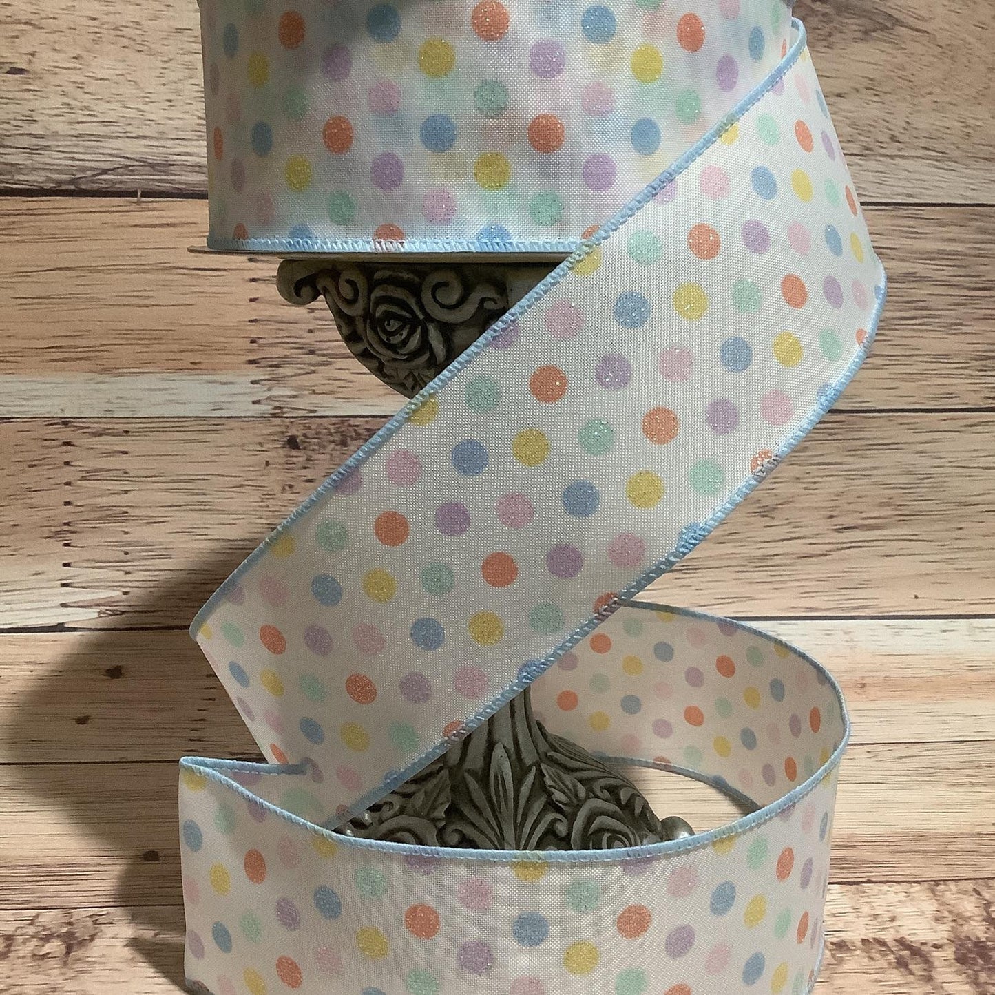 2.5" x 5 Yards Polka Dot Ribbon - Pastel Colored Dots  With Irridescent Glitter- Spring Ribbon - Easter Ribbon - Wired Ribbon