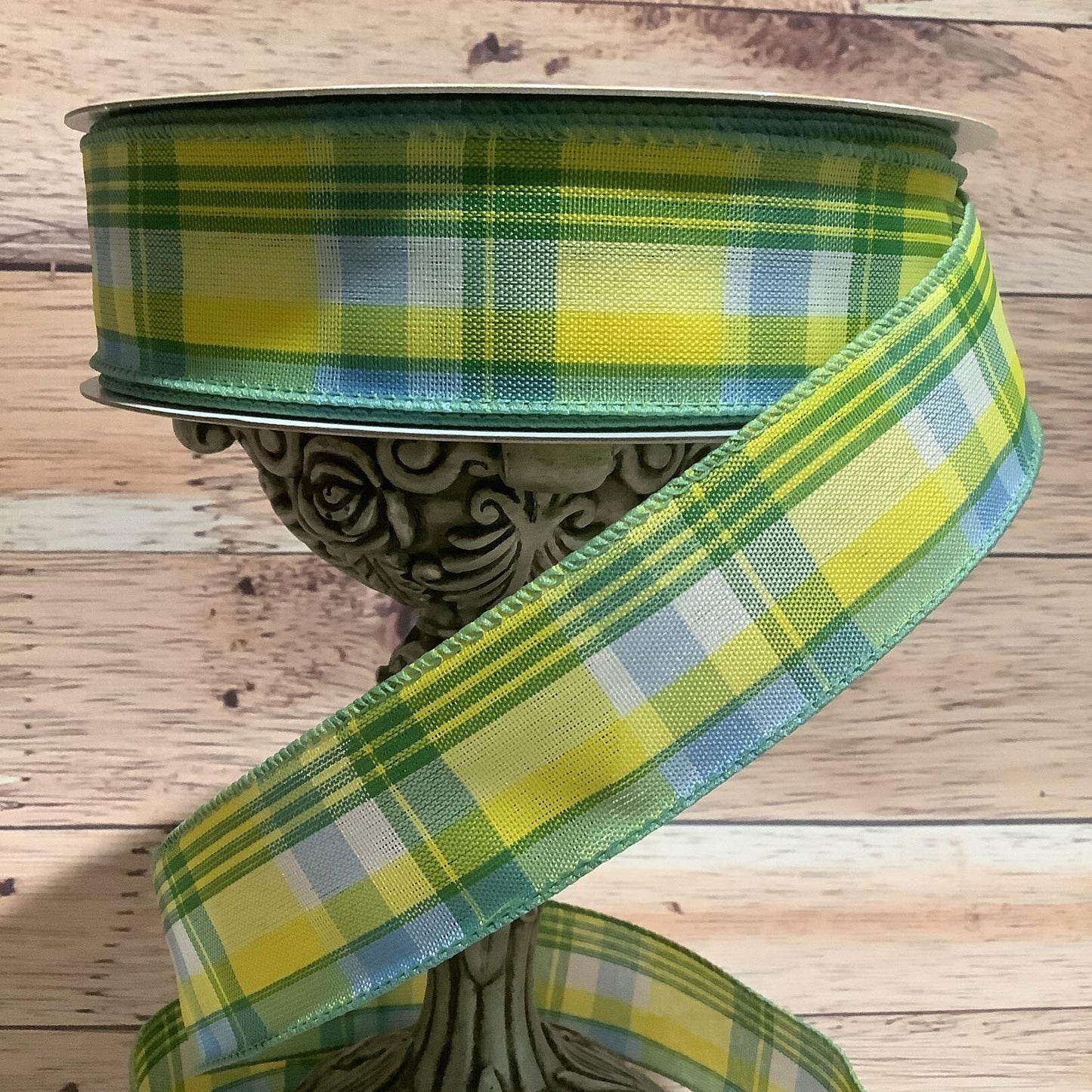 1.5" x 5 Yards Yellow And Blue Plaid Ribbon - Spring Ribbon-Lemon Yellow- Wired Ribbon - Ribbon For Bows, Wreaths And Home Decor