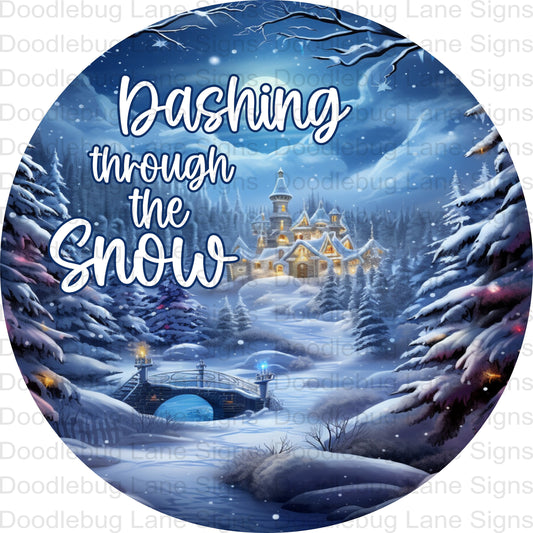 Dashing Through The Snow - Winter Wreath Sign - Snow Scene - Metal Door Hanger - Round Wreath Sign - Aluminum Sign