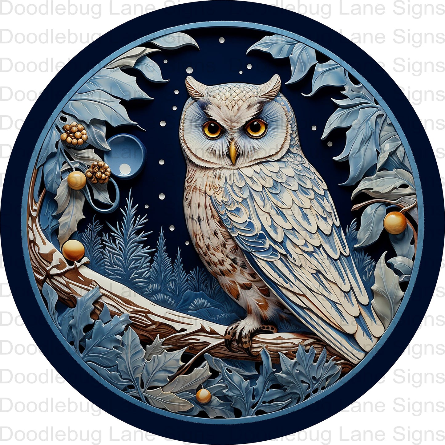 Winter Owl Wreath Sign - Winter Wreath Sign - Blue And White - Round Wreath Sign - Aluminum - Metal Door Hanger