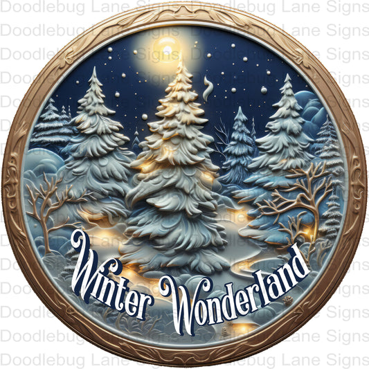 Winter Wonderland Wreath Sign - Winter Wreath Sign - Snow Covered Trees - Round Wreath Sign - Metal Wreath Sign - Metal Door Hanger