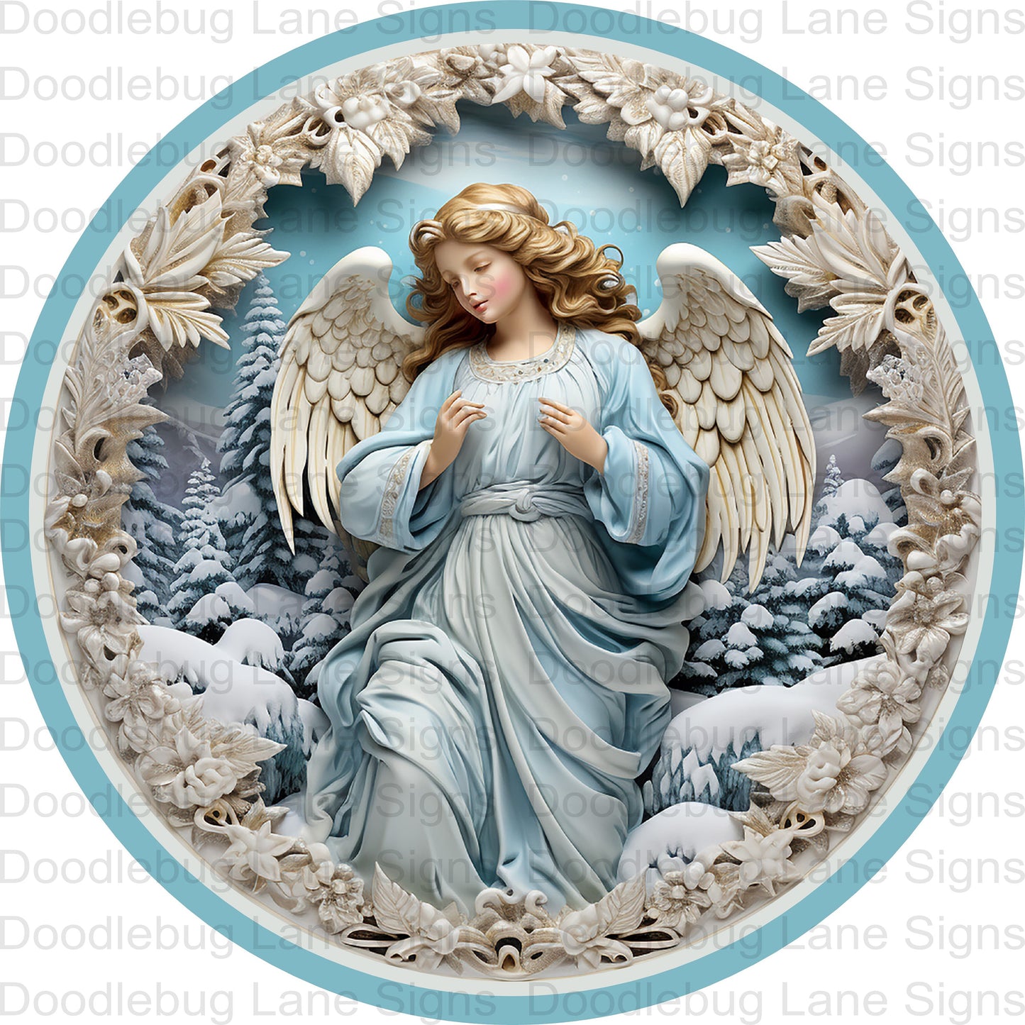 Angel Wreath Sign - Blue And White - Winter Angel Sign - Winter Wreath Sign - Round Wreath Sign - Aluminum Sign - Metal Door Hanger