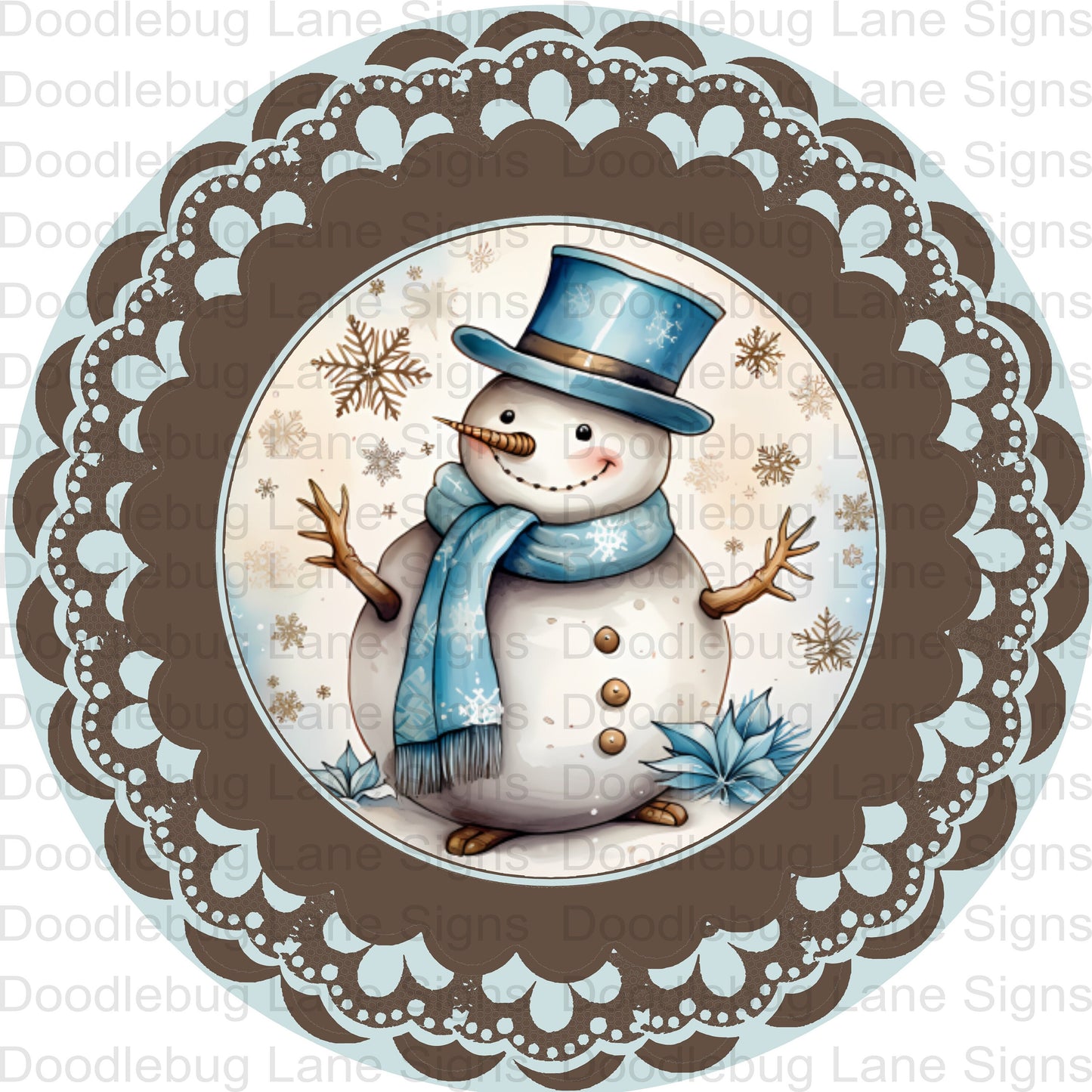 Snowman Wreath Sign - Blue And Brown - Winter Wreath Decor - Winter Sign - Round Wreath Sign - Aluminum - Metal Door Hanger