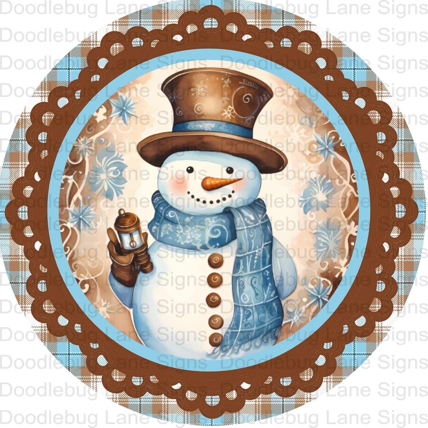 Snowman Wreath Sign - Blue And Brown - Winter Wreath Sign - Round Wreath Sign - Aluminum - Snowman Door Decor