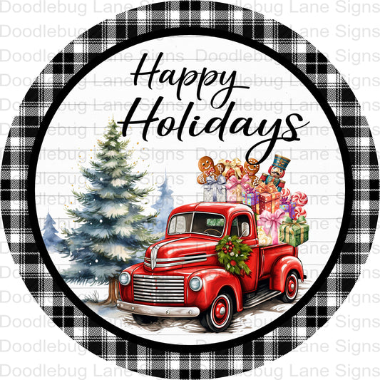 Happy Holidays Wreath Sign - Red Truck Sign - Christmas Truck Wreath Sign - Round Wreath Sign - Metal Wreath Sign