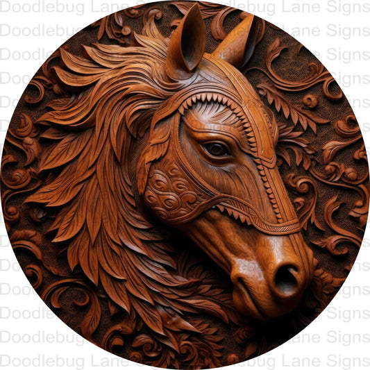 Faux Etched Wood Wreath Sign - Horse Wreath Sign - Wooden Horse Sign - Round Wreath Sign - Aluminum Sign - Metal Door Hanger