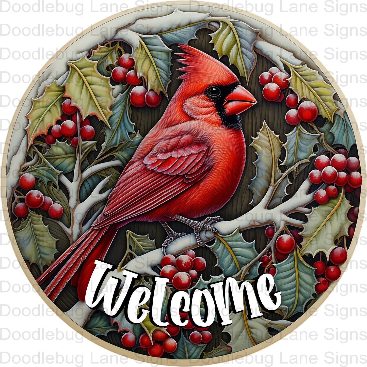 Welcome Cardinal Wreath Sign - Christmas Cardinal - Winter Wreath Sign - Round Wreath Sign - Aluminum Sign - Welcome Wreath Sign