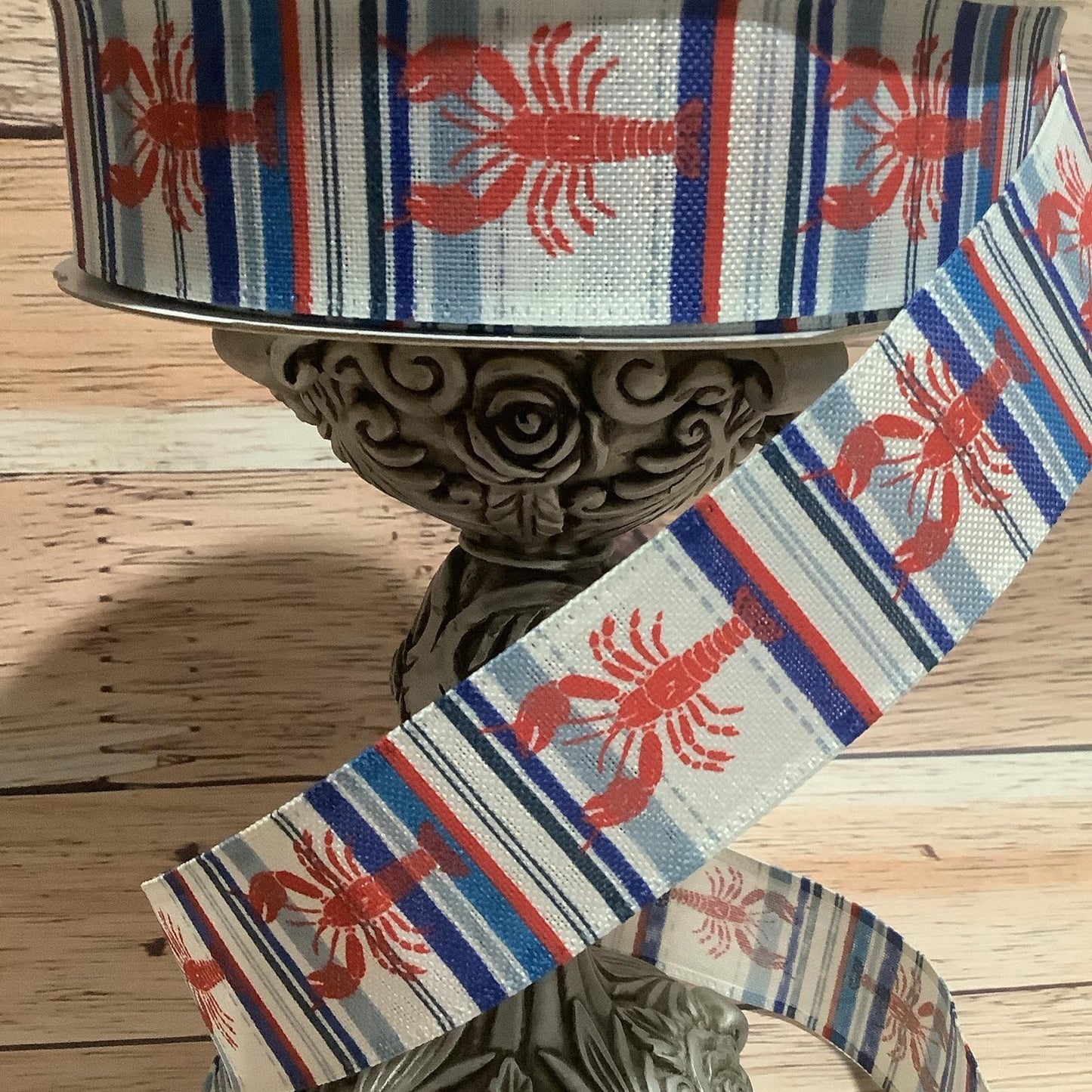 1.5" x 5 Yards Wired Ribbon - Crawfish-Crawdad Ribbon - Lobster Ribbon - Red, White And Blue Vertical Striped Ribbon