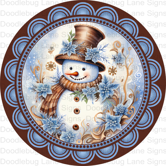 Snowman Wreath Sign - Blue And Brown - Winter Wreath Sign - Round Wreath Sign - Aluminum - Metal Door Hanger