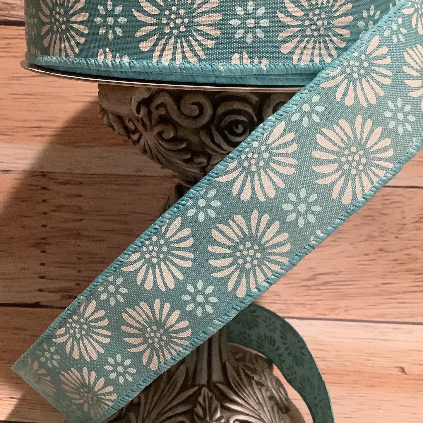 1.5" X 5 Yards Teal Ribbon With White Flowers - Wired Ribbon - Floral Ribbon - Spring Ribbon - Ribbon For Bows, Wreaths And Home Decor