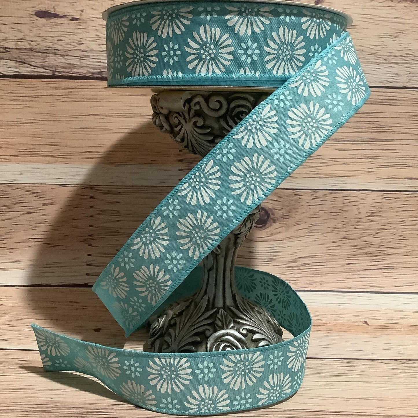 1.5" X 5 Yards Teal Ribbon With White Flowers - Wired Ribbon - Floral Ribbon - Spring Ribbon - Ribbon For Bows, Wreaths And Home Decor