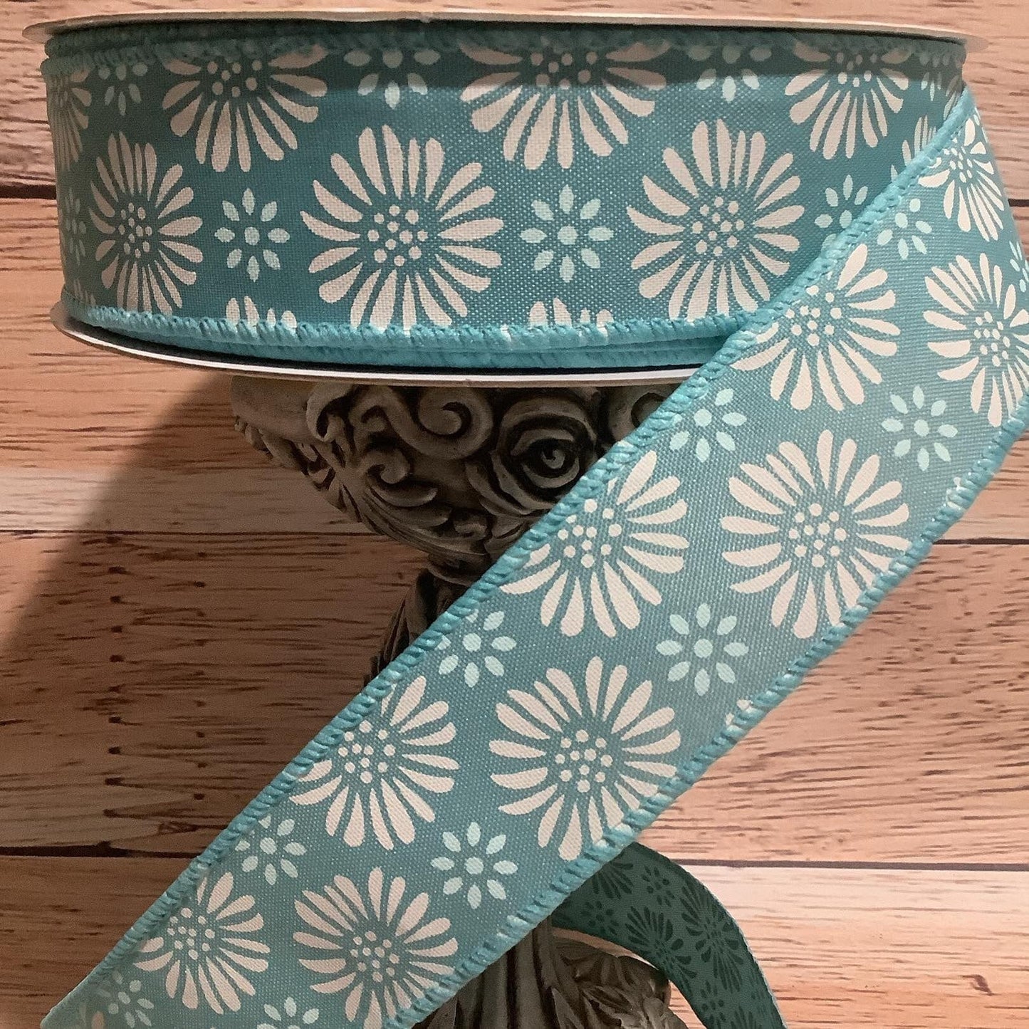 1.5" X 5 Yards Teal Ribbon With White Flowers - Wired Ribbon - Floral Ribbon - Spring Ribbon - Ribbon For Bows, Wreaths And Home Decor