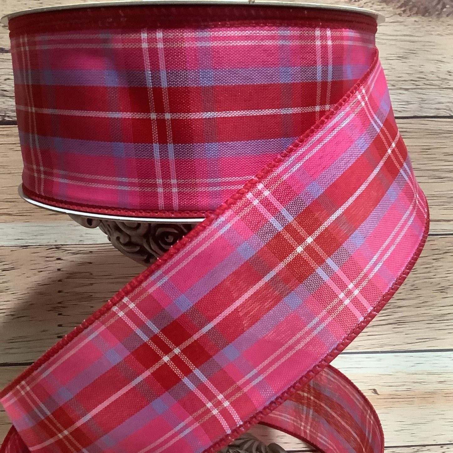 2.5" x 5 Yards Red-Pink-Lavender Plaid Ribbon - Wired Ribbon - Spring Ribbon - Ribbon For Bows, Wreaths, And Home Decor