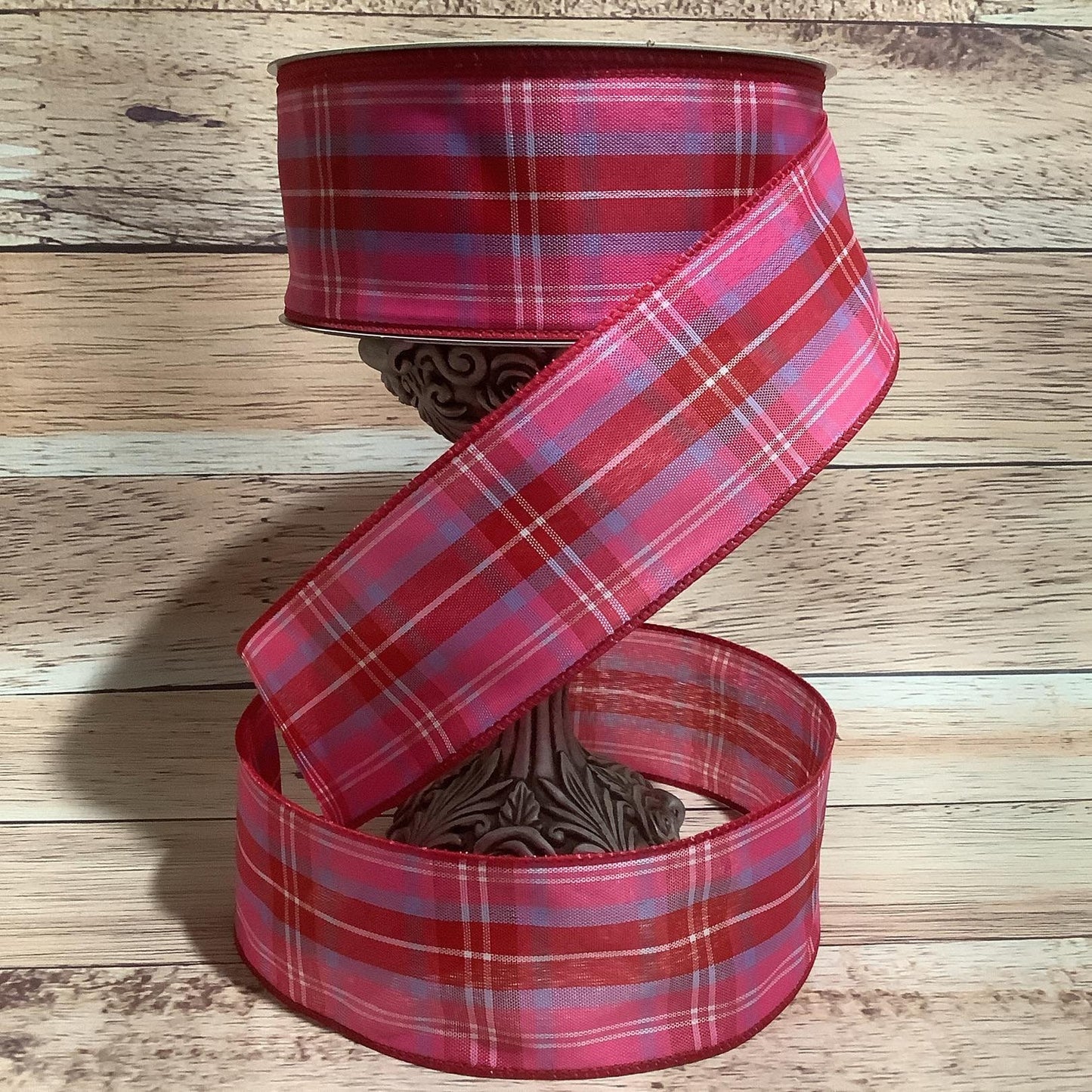 2.5" x 5 Yards Red-Pink-Lavender Plaid Ribbon - Wired Ribbon - Spring Ribbon - Ribbon For Bows, Wreaths, And Home Decor