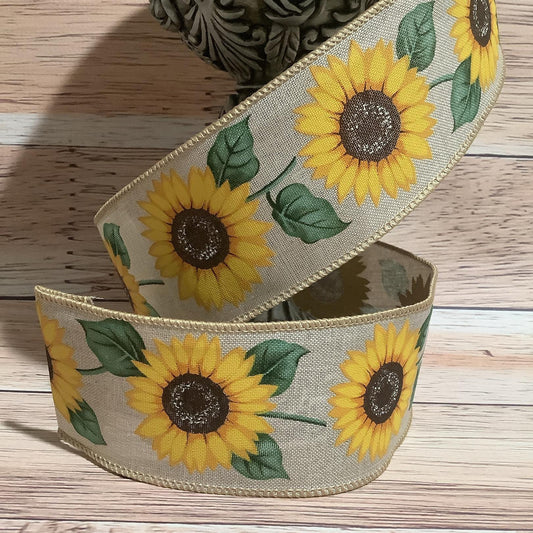 2.5" x 5 Yards Sunflower Wired Ribbon - Fall Ribbon - Spring Ribbon - Floral Ribbon - Ribbon For Bows, Wreaths And Home Decor