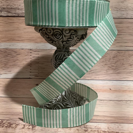 1.5" x 5 Yards Green Vertical Striped Wired Ribbon - All Occasion Ribbon - Ribbon For Bows, Wreaths And Home Decor