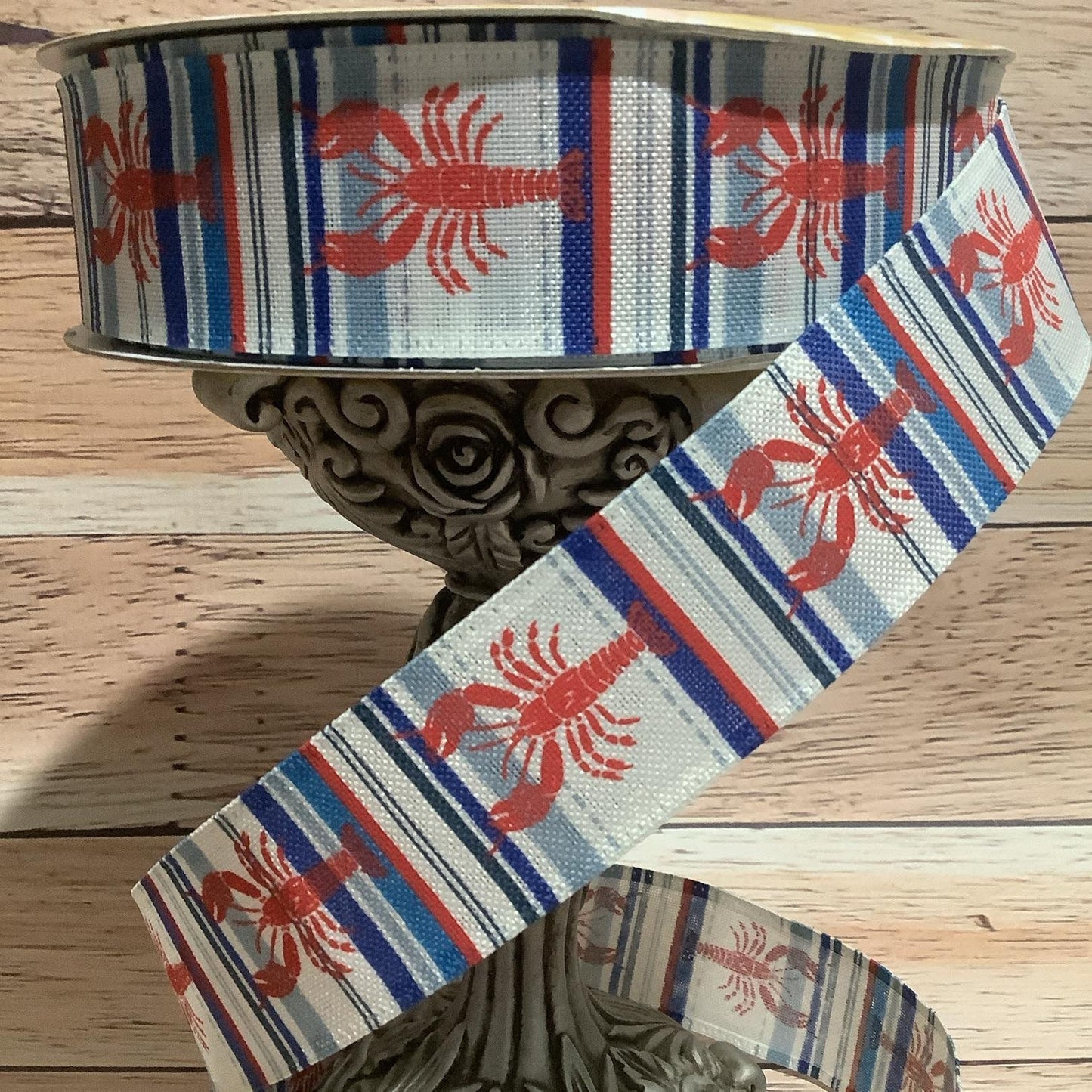 1.5" x 5 Yards Wired Ribbon - Crawfish-Crawdad Ribbon - Lobster Ribbon - Red, White And Blue Vertical Striped Ribbon