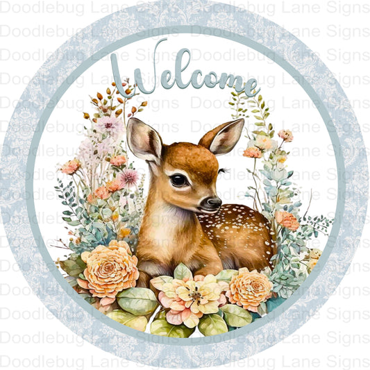 Welcome Wreath Sign - Blue Floral Wreath Sign - Baby Deer Sign - Spring Wreath Sign - Round Wreath Sign-Metal Wreath Sign-Metal Door Hanger