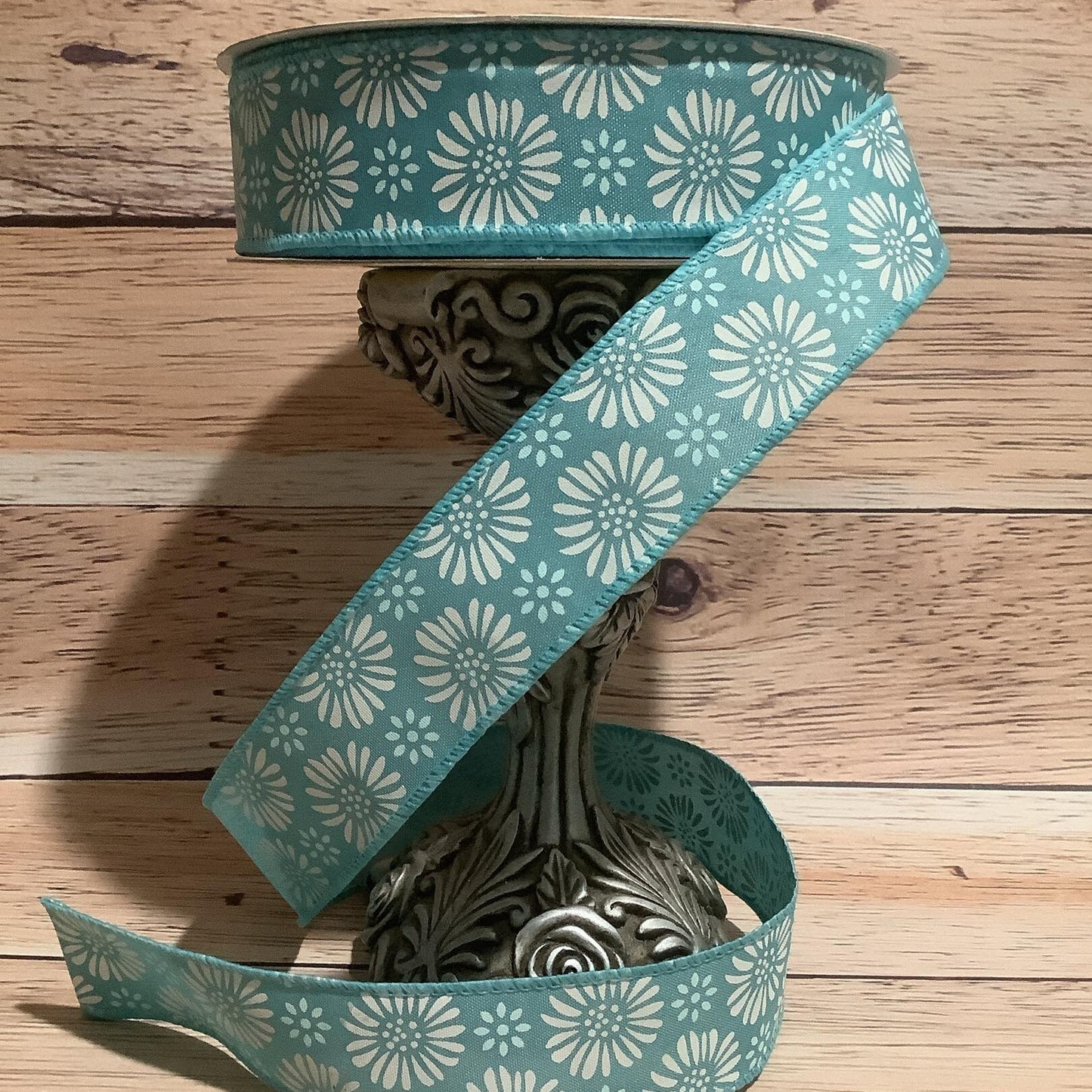 1.5" X 5 Yards Teal Ribbon With White Flowers - Wired Ribbon - Floral Ribbon - Spring Ribbon - Ribbon For Bows, Wreaths And Home Decor