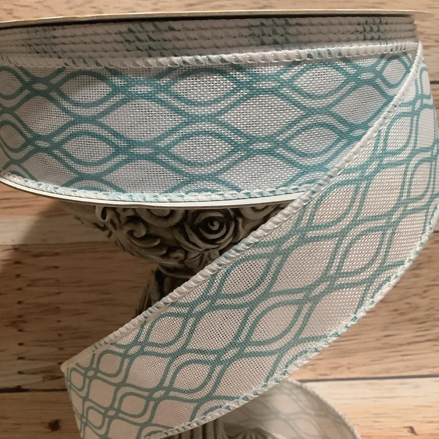 1.5" x 5 Yards White And Teal Wired Ribbon - Ribbon For Bows, Wreaths And Home Decor