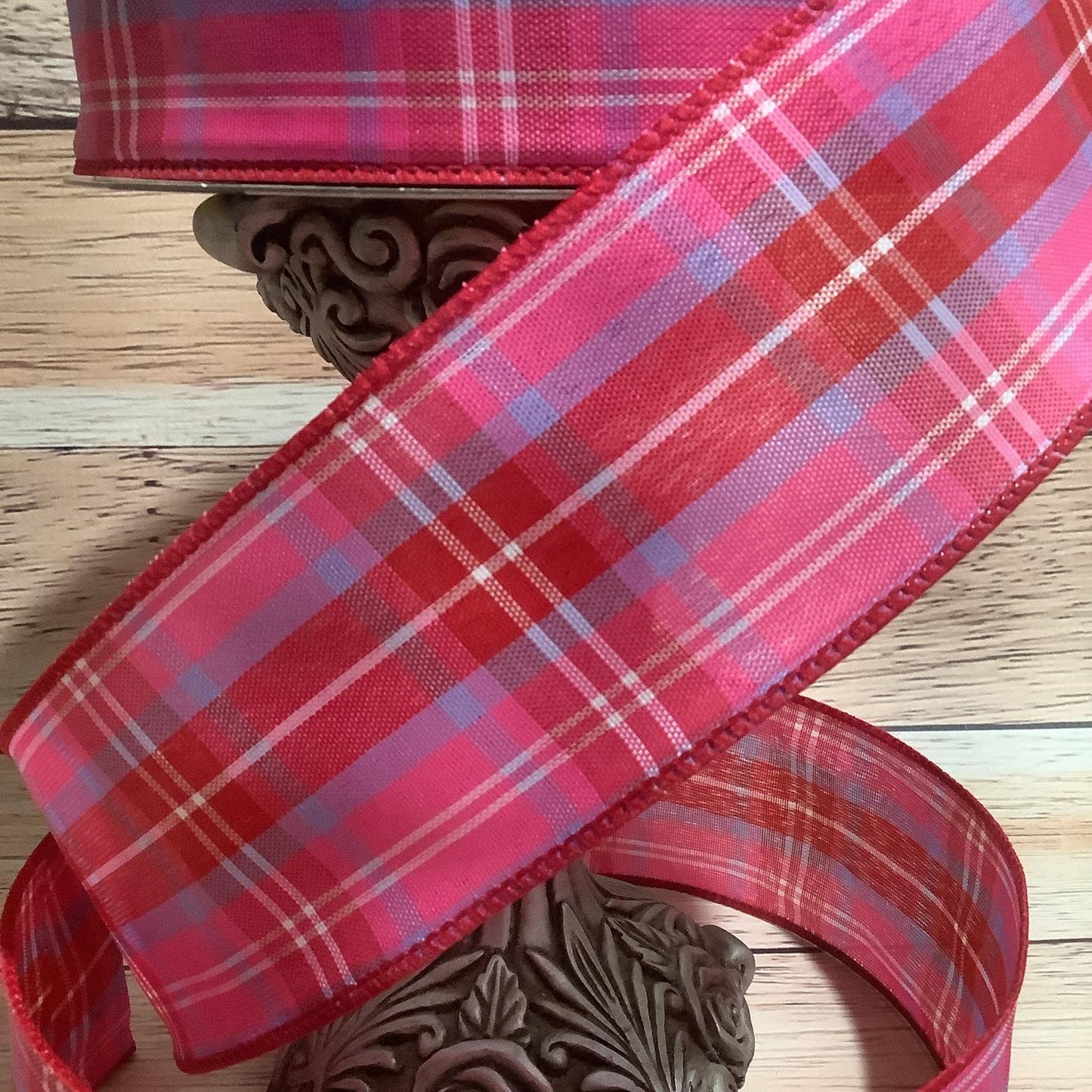 2.5" x 5 Yards Red-Pink-Lavender Plaid Ribbon - Wired Ribbon - Spring Ribbon - Ribbon For Bows, Wreaths, And Home Decor