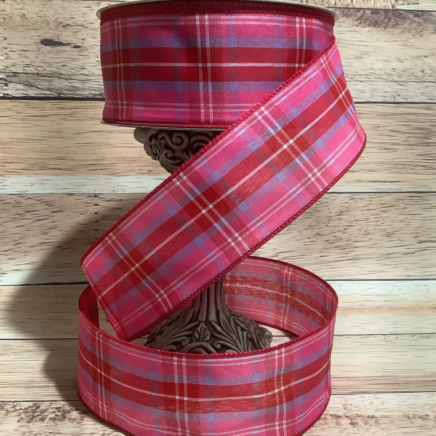 2.5" x 5 Yards Red-Pink-Lavender Plaid Ribbon - Wired Ribbon - Spring Ribbon - Ribbon For Bows, Wreaths, And Home Decor